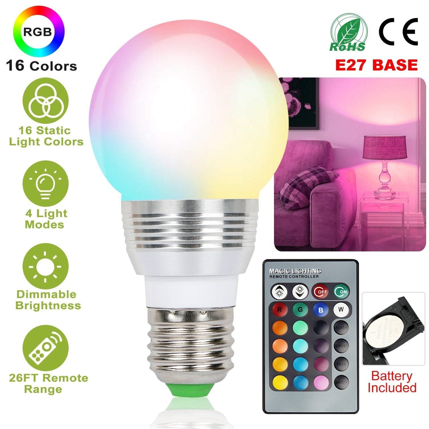 Frendorf | 16 Farben Wechsel LED-Lampen E27 3W RGD Dimmbare Stimmungsbeleuchtung Lampe