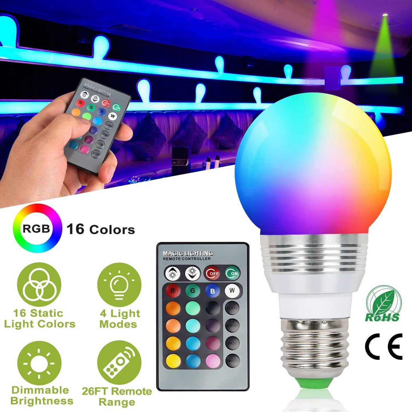 Frendorf | 16 Farben Wechsel LED-Lampen E27 3W RGD Dimmbare Stimmungsbeleuchtung Lampe