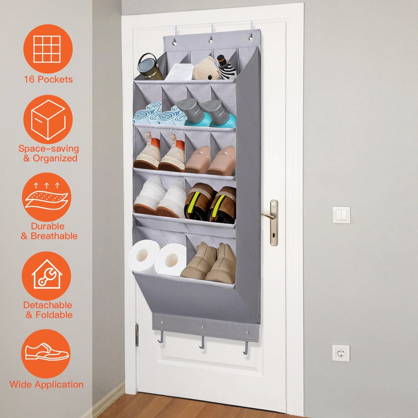 Frendorf | 16 Taschen Schuh-Organizer Über Der Tür 5-stufig mit 6 Haken