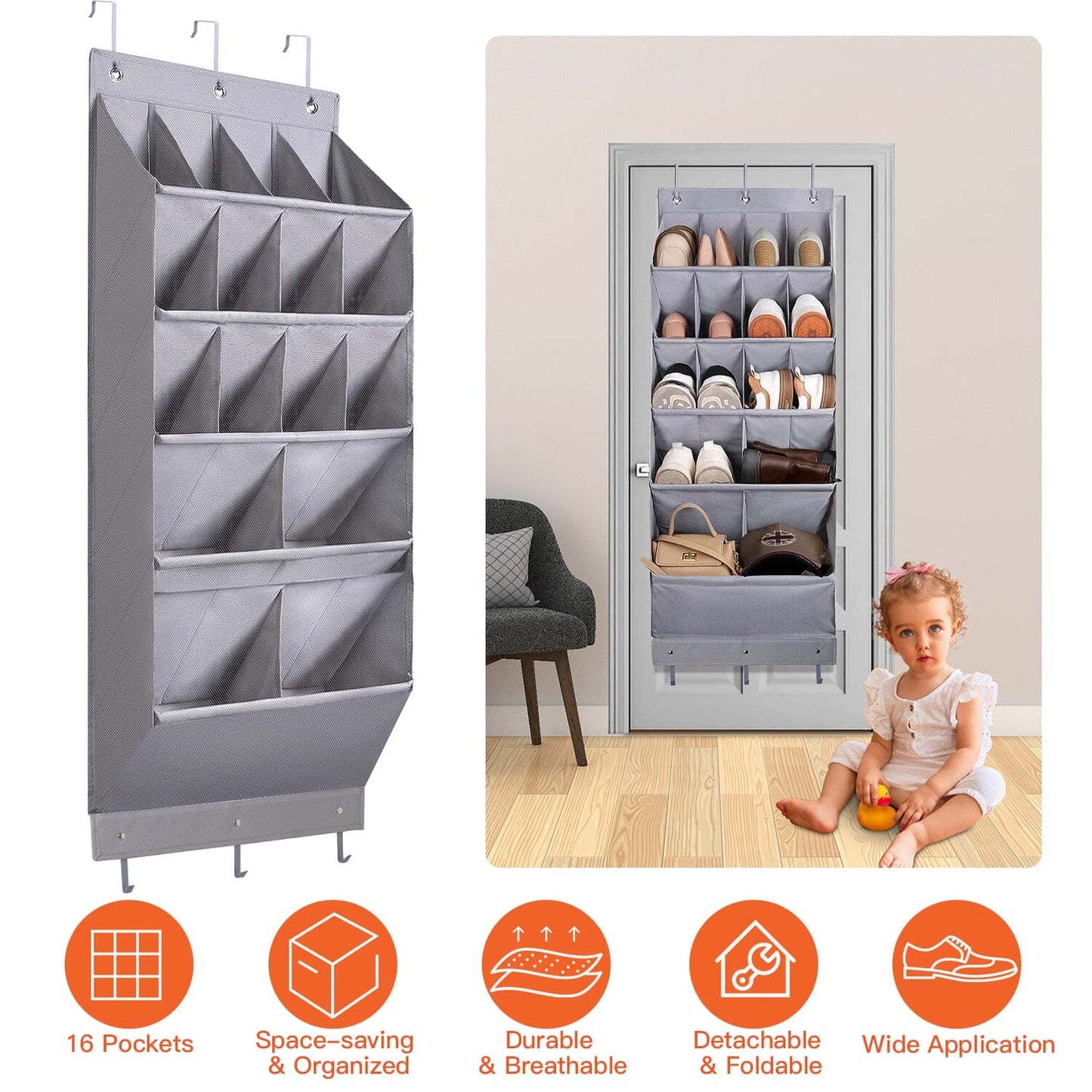 Frendorf | 16 Taschen Schuh-Organizer Über Der Tür 5-stufig mit 6 Haken