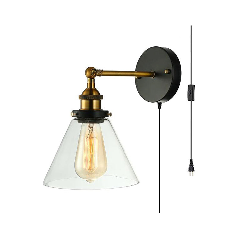 Frendorf | Eine Glühbirne klare Glas-Wandleuchte industriell schwarze konische Schlafzimmer-Wandleuchte