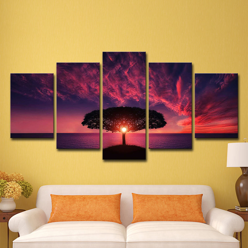 Frendorf | Lila Avondgloren Muurkunst Levensboom Moderne Multi-Piece Canvas Print voor Woonkamer