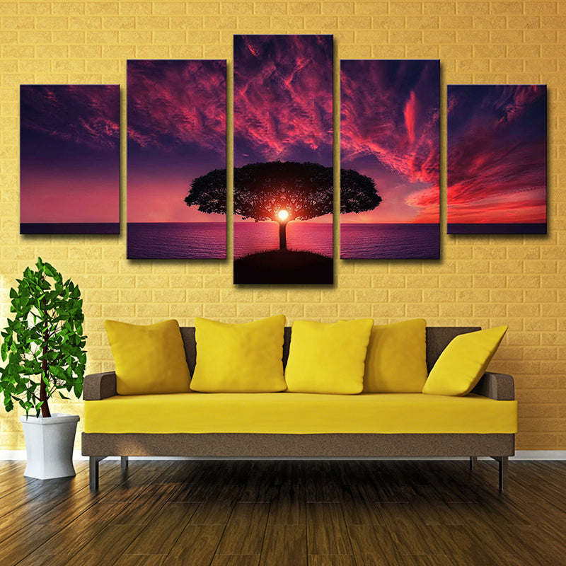 Frendorf | Lila Avondgloren Muurkunst Levensboom Moderne Multi-Piece Canvas Print voor Woonkamer