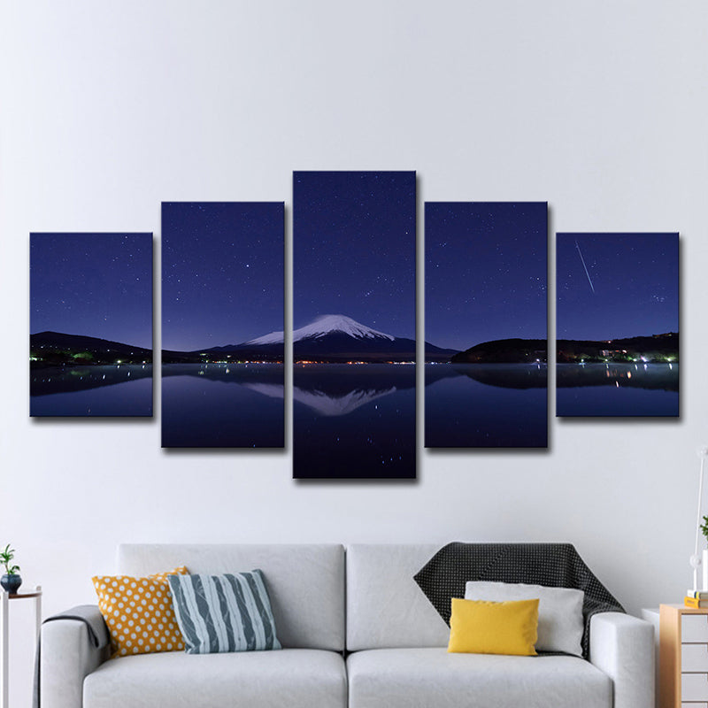 Mount Fuji Nachtansicht Kunstdruck Blau-Schwarz Zeitgenössische Wanddekoration für das Wohnzimmer