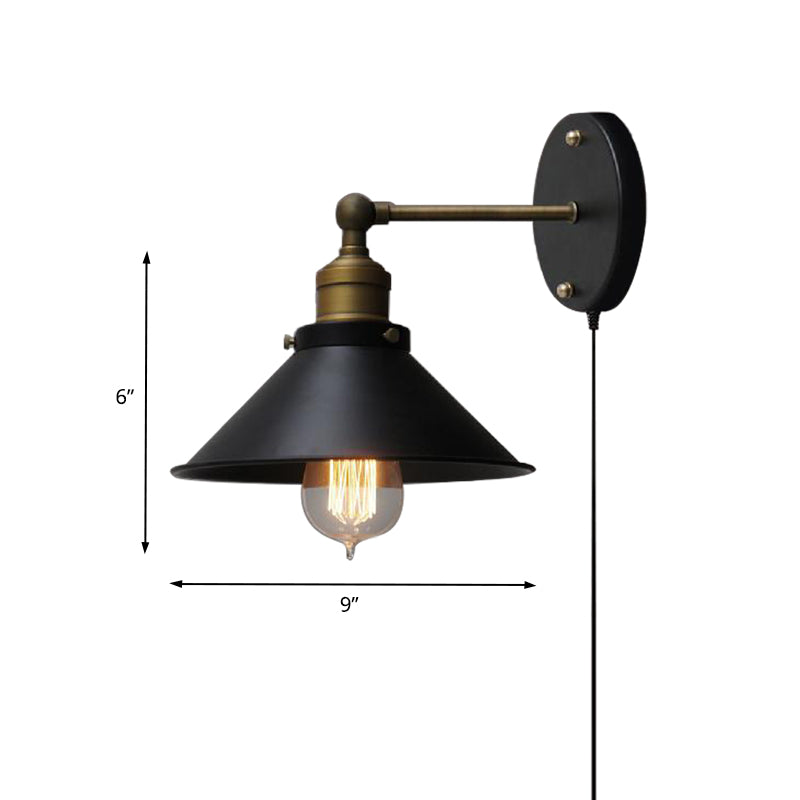 Frendorf | 1 Kopf Metall Wandmontierte Lampe Vintage Stil Schwarze Oberfläche Kegelförmige Flur Wandleuchte Beleuchtung