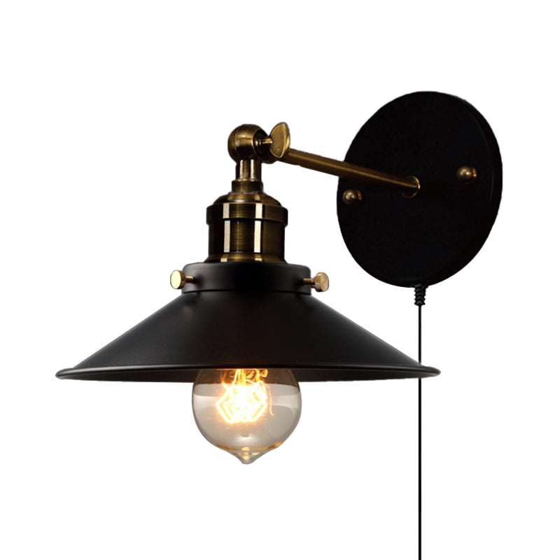 Frendorf | Schwarze Kegel-Wandleuchte Retro-Stil Metall 1 Glühbirne Esszimmer winkelverstellbare Wandleuchte mit Stecker-Kabel