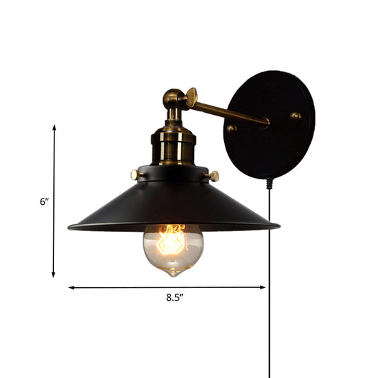 Frendorf | Schwarze Kegel-Wandleuchte Retro-Stil Metall 1 Glühbirne Esszimmer winkelverstellbare Wandleuchte mit Stecker-Kabel