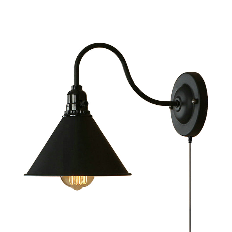 Frendorf | Retro stilvolle konische Wandbeleuchtung 1 Glühbirne Metall Stecker-Sconce Lampe mit Schwanenhalsarm in Mattschwarz für die Veranda