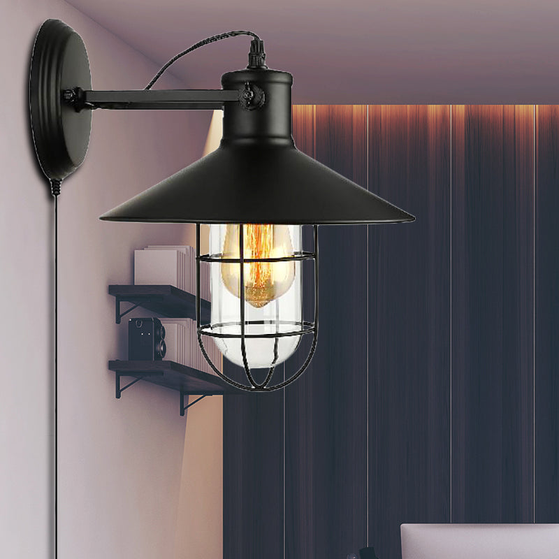 Frendorf | 1 Lichtkegel Wandlamp Industrieel Zwart Helder Glas Wandlamp voor Keuken met Kooi en Stekkerkabel