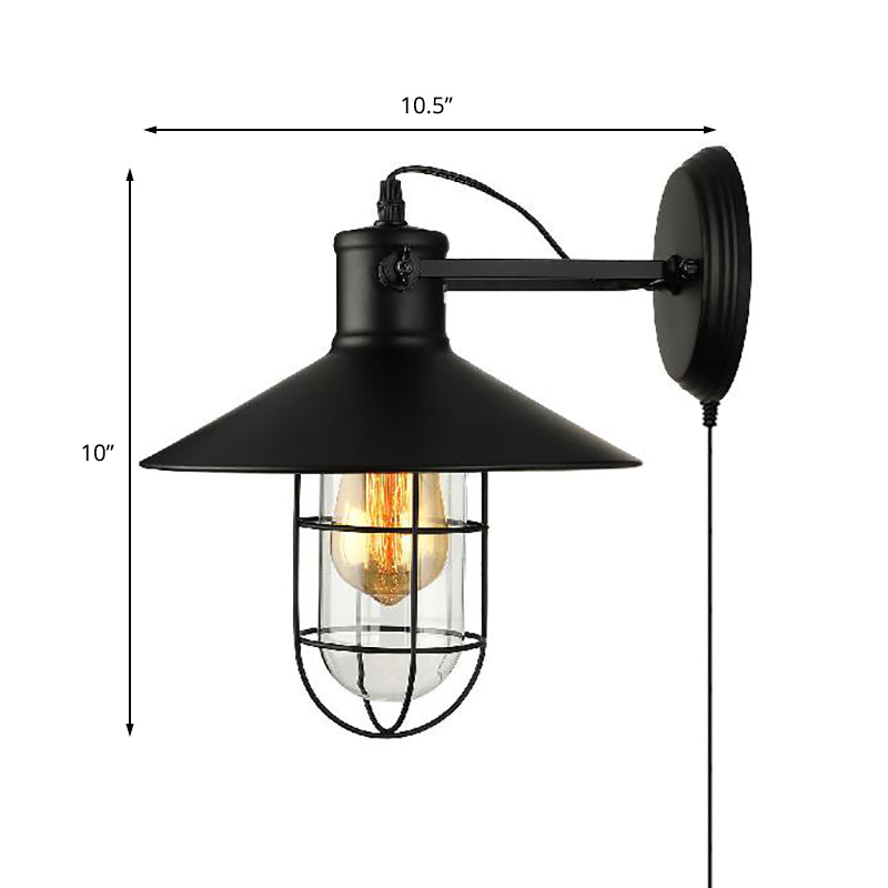 Frendorf | 1 Lichtkegel Wandlamp Industrieel Zwart Helder Glas Wandlamp voor Keuken met Kooi en Stekkerkabel