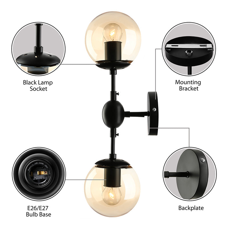 Frendorf | Schwarze 2-Licht Wandleuchte Industrial Amber Glas Globus Schirm Beleuchtung Fixture für Wohnzimmer