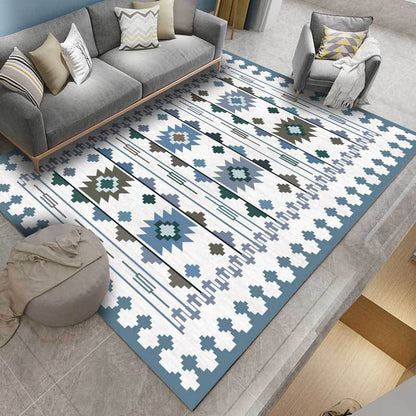 Frendorf | Zuidwestelijke geometrische druktapijt blauw en bruin polyester tapijt machinewasbaar antislip deurmat voor woonkamer