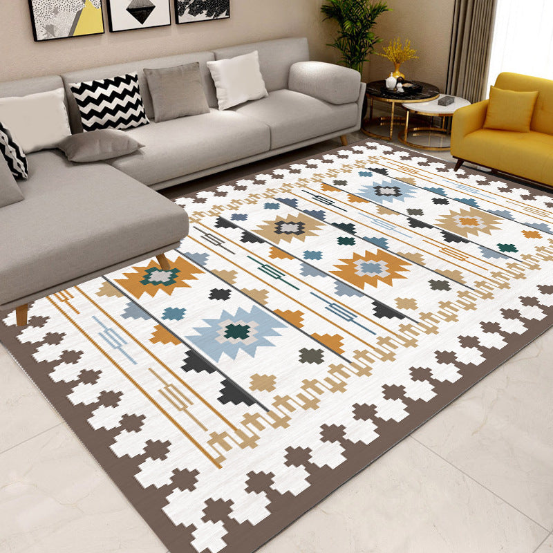 Frendorf | Zuidwestelijke geometrische druktapijt blauw en bruin polyester tapijt machinewasbaar antislip deurmat voor woonkamer
