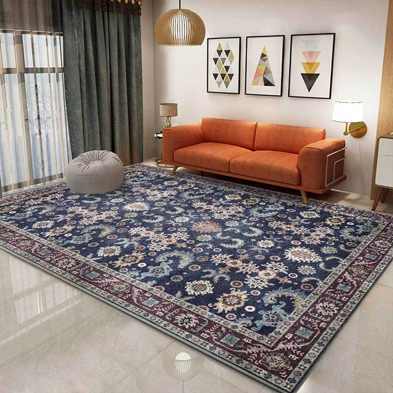 Frendorf | Einzigartiger floraler Musterteppich mit Blatt Blau Vintage Teppich Polyester waschbar rutschfeste Rückseite Teppich für Schlafzimmer