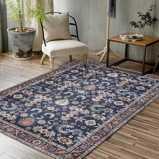 Frendorf | Einzigartiger floraler Musterteppich mit Blatt Blau Vintage Teppich Polyester waschbar rutschfeste Rückseite Teppich für Schlafzimmer