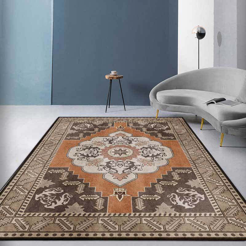 Frendorf | Braun persian carpet polyester medallion and floral pattern carpet washable non-slip backing carpet for the living room