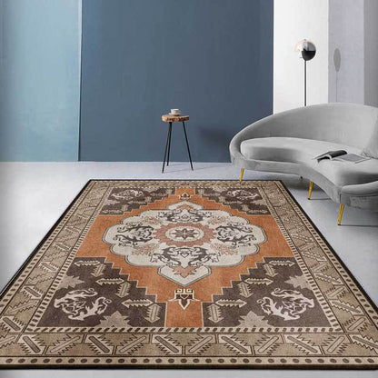 Frendorf | Braun persian carpet polyester medallion and floral pattern carpet washable non-slip backing carpet for the living room