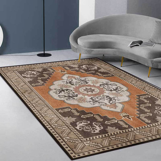 Frendorf | Braun persian carpet polyester medallion and floral pattern carpet washable non-slip backing carpet for the living room