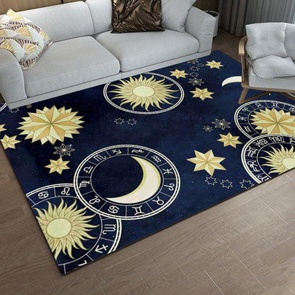 Frendorf | Blauer Schlafzimmerteppich Moderner Raum Sonne-Mond Muster Teppich Polyester Antirutsch Untergrund Teppich