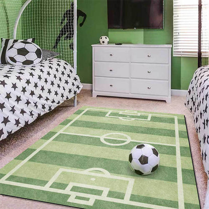 Frendorf | Kinderschlafzimmer Teppich in Grün Sport Fußballfeld Druck Teppich Polyester Rutschfeste Rückseite Waschbarer Teppich