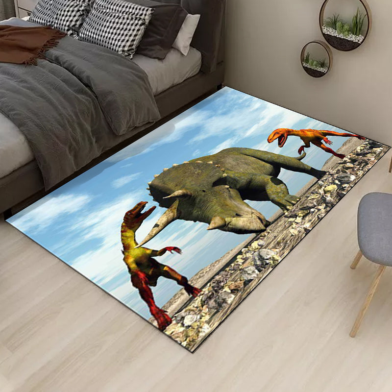 Blau moderner Teppich Polyester Dinosaurier- und Nashornmuster Teppich waschbar rutschfeste Rückenfläche Teppich für Wohnzimmer