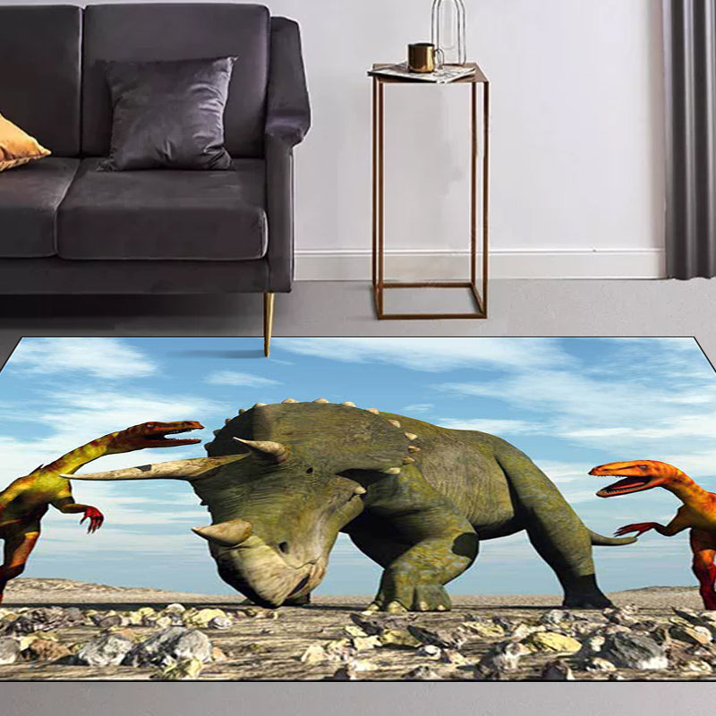 Blau moderner Teppich Polyester Dinosaurier- und Nashornmuster Teppich waschbar rutschfeste Rückenfläche Teppich für Wohnzimmer