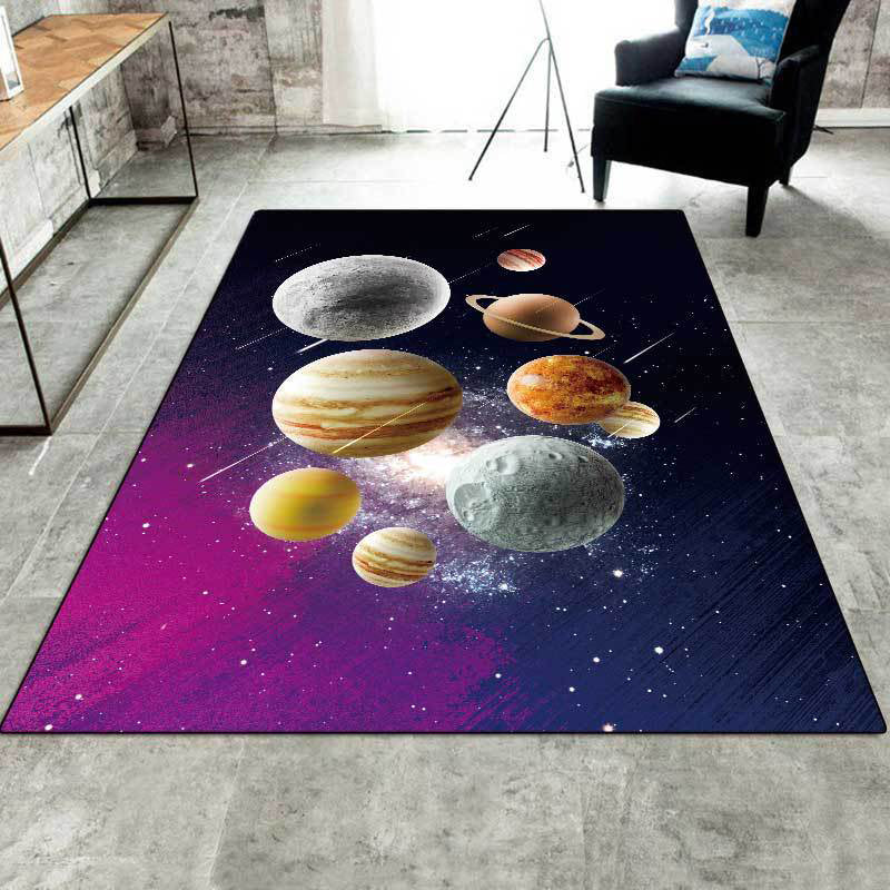 Frendorf | Kinder Schlafzimmer Teppich in Schwarz und Lila Weltraum Galaxie Planet Druck Teppich Polyester Maschinenwaschbarer Teppich