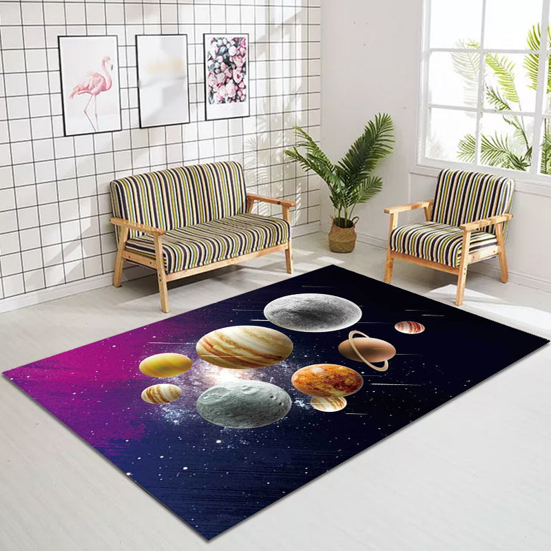 Frendorf | Kinder Schlafzimmer Teppich in Schwarz und Lila Weltraum Galaxie Planet Druck Teppich Polyester Maschinenwaschbarer Teppich