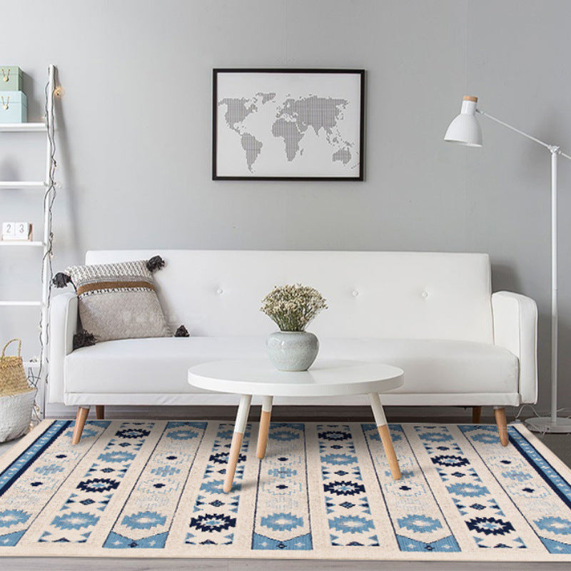 Frendorf | Blauer und brauner Tribal Teppich Polyester gestreift und Tribal Muster Teppich waschbar rutschfeste Unterlage Teppich für Wohnzimmer