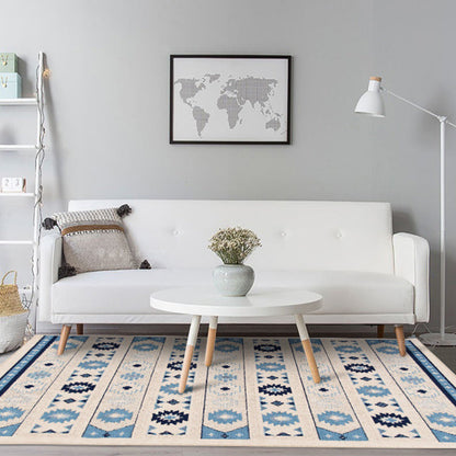 Frendorf | Blauer und brauner Tribal Teppich Polyester gestreift und Tribal Muster Teppich waschbar rutschfeste Unterlage Teppich für Wohnzimmer