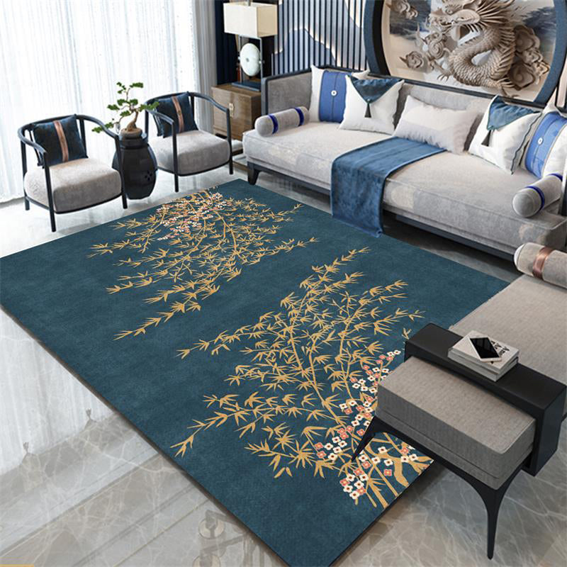 Retro Blattmuster Teppich Marine Orientteppich Polyester Waschbar Rutschfeste Rückseite Teppich für Schlafzimmer