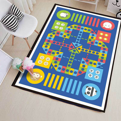 Frendorf | Blauer Kinderzimmer-Teppich Kinder Lernspiel Ludo Muster Teppich Polyester Haustierfreundlich Waschbarer Teppich