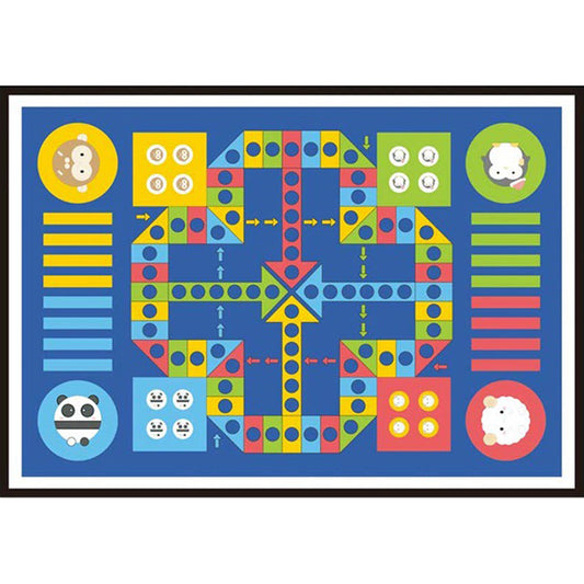 Frendorf | Blauer Kinderzimmer-Teppich Kinder Lernspiel Ludo Muster Teppich Polyester Haustierfreundlich Waschbarer Teppich