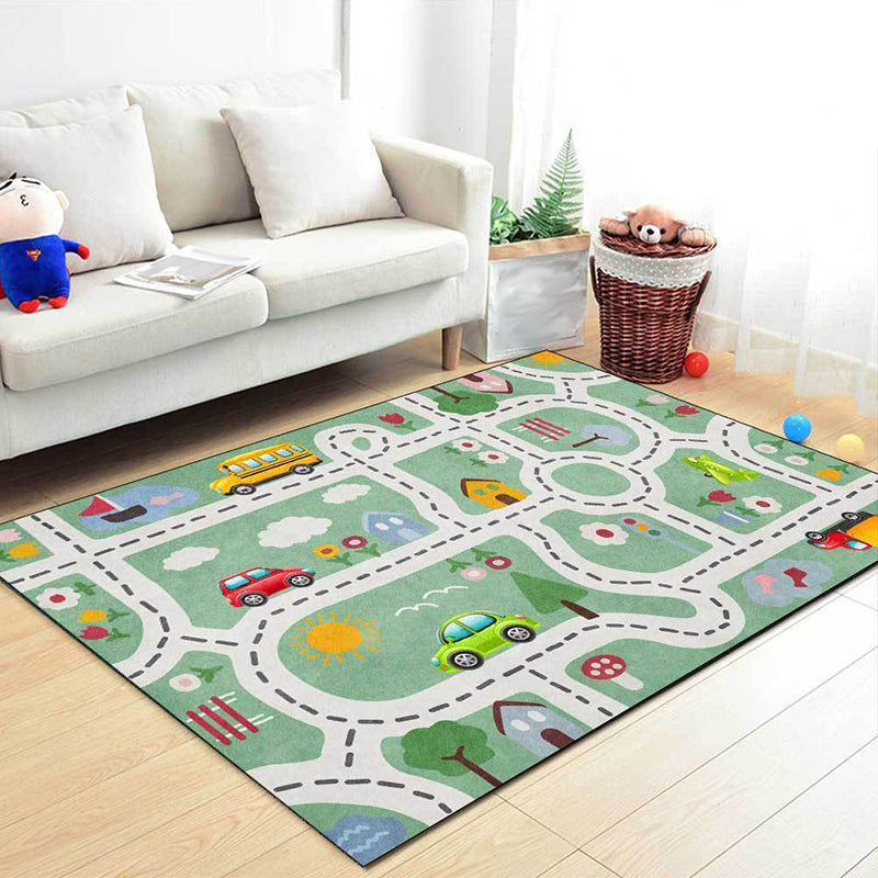Frendorf | Leuk Kinder Tapijt in Groene Auto's & Wegen Huis Bloemen Boom Patroon Tapijt Polyester Huisdiervriendelijk Vloerkleed voor Kinderdagverblijf