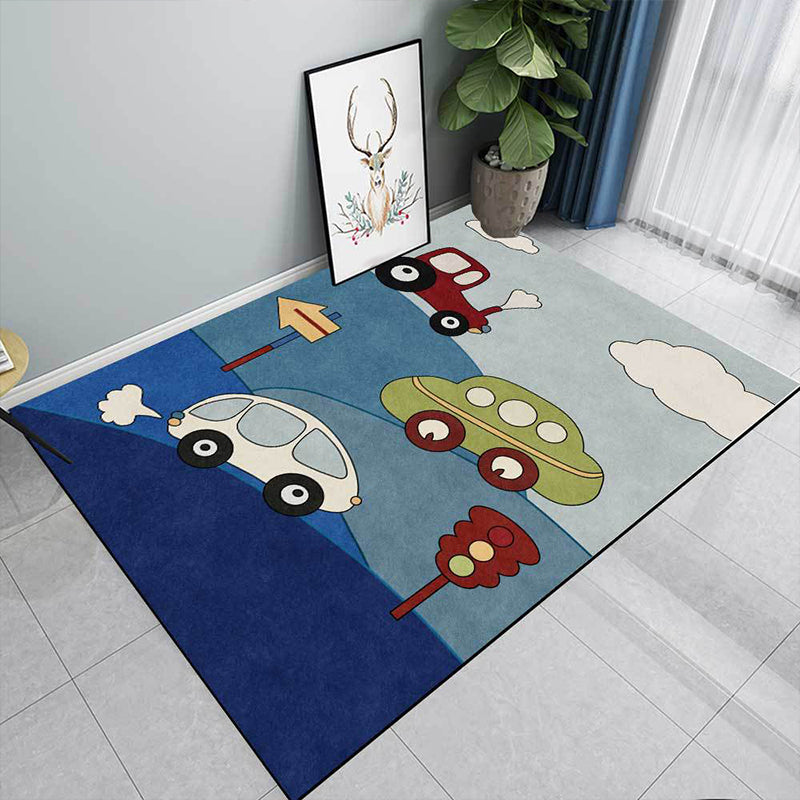 Frendorf | Blauer Kinderzimmerteppich Kinderautos & Straßen Schild Wolkenmuster Teppich Polyester Waschbar Tierfreundlicher Teppich