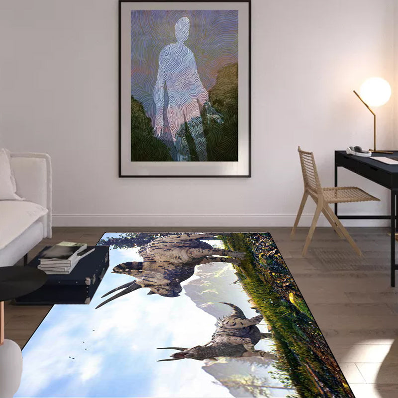 Frendorf | Blauer Novelty Teppich Polyester Dinosaurier Muster Teppich Waschbar Rutschfeste Rückseite Teppich für Wohnzimmer