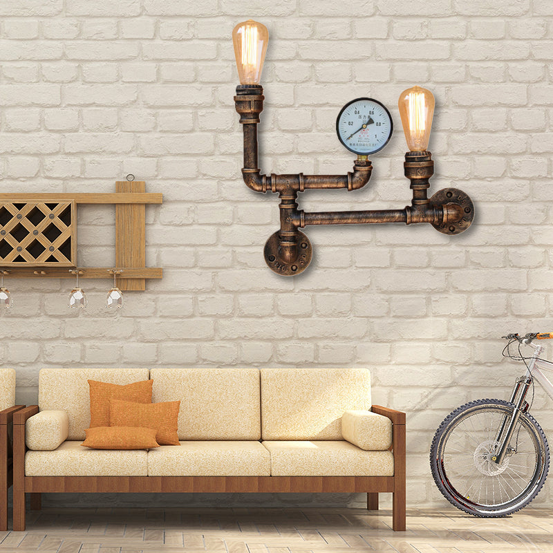 Frendorf | 2 Lichter Eisen Wandlicht Vintage Antik Messing Freiliegende Glühbirne Wohnzimmer Wandmontage Lampe mit Manometer