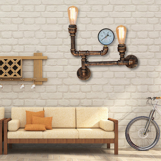 Frendorf | 2 Lichter Eisen Wandlicht Vintage Antik Messing Freiliegende Glühbirne Wohnzimmer Wandmontage Lampe mit Manometer