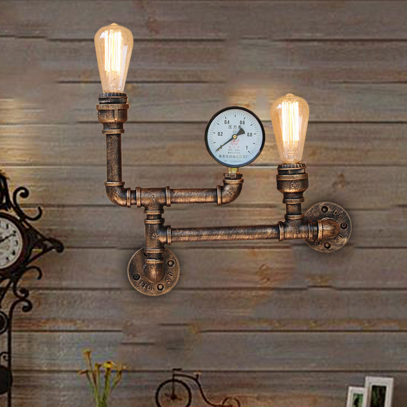 Frendorf | 2 Lichter Eisen Wandlicht Vintage Antik Messing Freiliegende Glühbirne Wohnzimmer Wandmontage Lampe mit Manometer