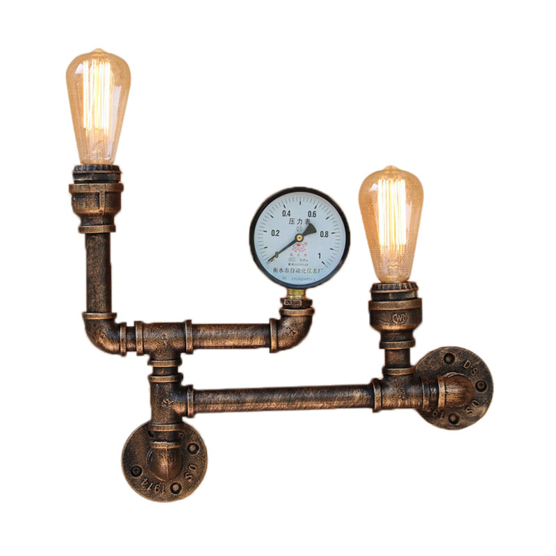 Frendorf | 2 Lichter Eisen Wandlicht Vintage Antik Messing Freiliegende Glühbirne Wohnzimmer Wandmontage Lampe mit Manometer