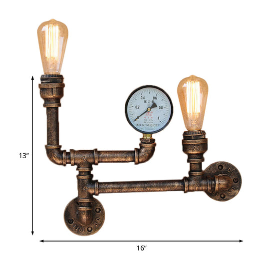 Frendorf | 2 Lichter Eisen Wandlicht Vintage Antik Messing Freiliegende Glühbirne Wohnzimmer Wandmontage Lampe mit Manometer