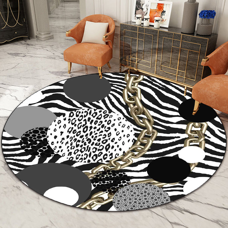 Einfacher moderner Teppich in Schwarz und Weiß Zebra Streifen Leopard Kette Kreis Muster Teppich Polyester Waschbarer Bodenbelag für Schlafzimmer