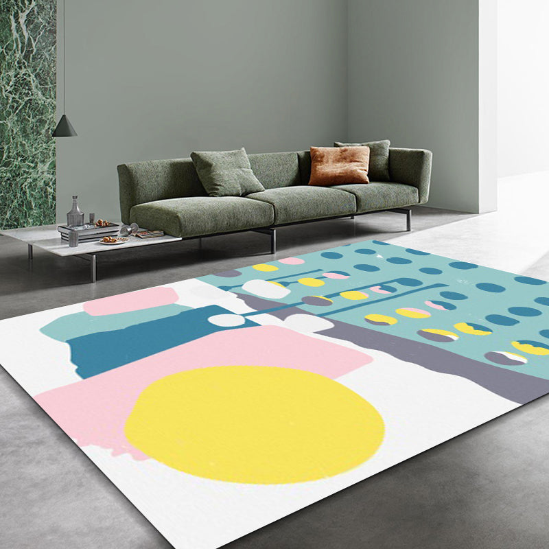 Frendorf | Blau und Weiß Schlafzimmer Teppich Neuheit Farbblock Punkte Muster Bereichsteppich Polyester Rutschfester Waschbarer Teppich