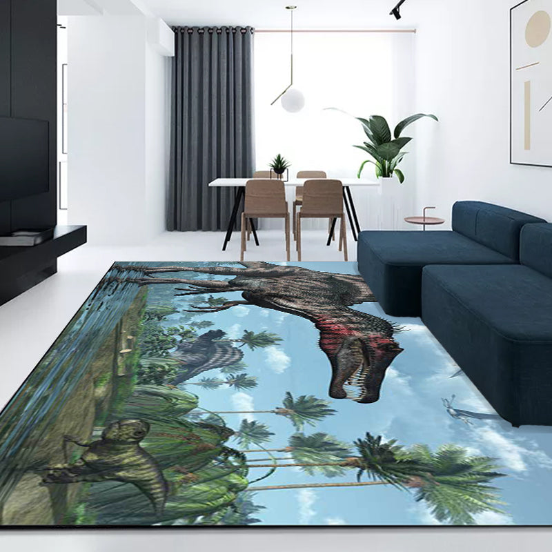 Frendorf | Einzigartiger Dinosaurier-Muster-Teppich Blau Moderner Teppich Polyester Waschbar Rutschfeste Rückseite Teppich für Wohnzimmer