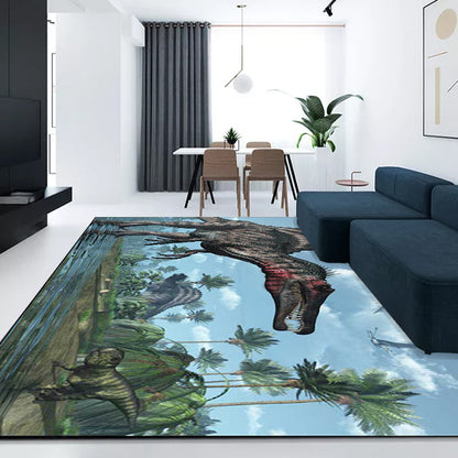 Frendorf | Einzigartiger Dinosaurier-Muster-Teppich Blau Moderner Teppich Polyester Waschbar Rutschfeste Rückseite Teppich für Wohnzimmer