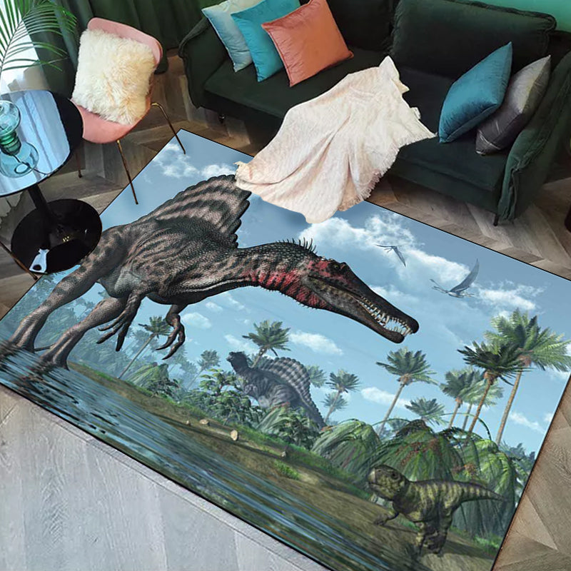 Frendorf | Einzigartiger Dinosaurier-Muster-Teppich Blau Moderner Teppich Polyester Waschbar Rutschfeste Rückseite Teppich für Wohnzimmer