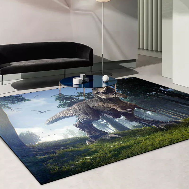 Frendorf | Blauer Neuheiten-Teppich Polyester Dinosaurier- und Baum-Muster Teppich Waschbar Rutschfeste Unterseite Teppich für Wohnzimmer