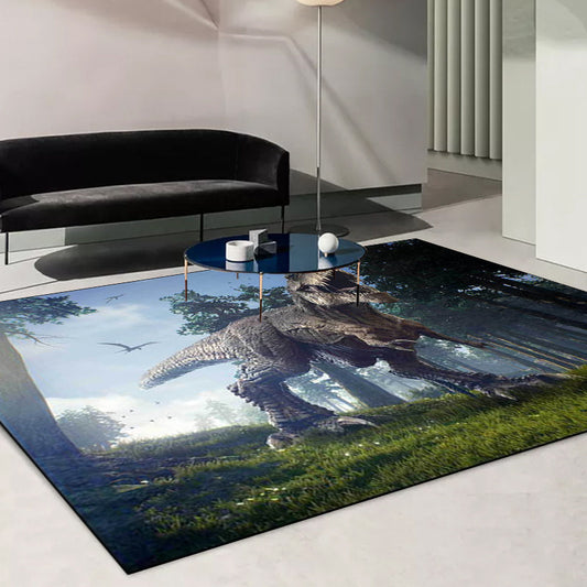 Frendorf | Blauer Neuheiten-Teppich Polyester Dinosaurier- und Baum-Muster Teppich Waschbar Rutschfeste Unterseite Teppich für Wohnzimmer