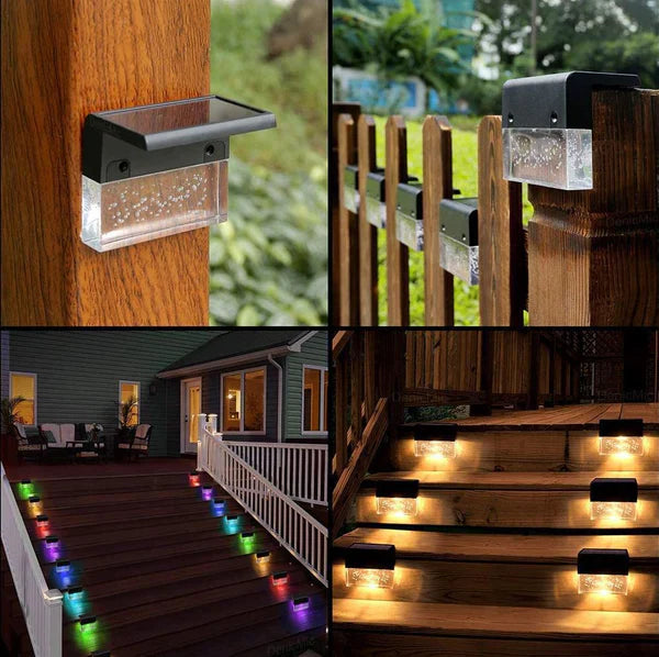 Solar Deck Lights 4er Set, Solar Stufenlichter Außen, Warmweiß/Farbwechselnde Solarzaunleuchte für Terrasse Garten Hof