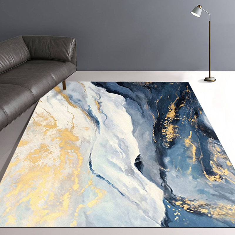 Frendorf | Blau und Gold Schlafzimmer Teppich Modern abstraktes Wolkenmuster Bereichsteppich Polyester rutschfest waschbarer Teppich